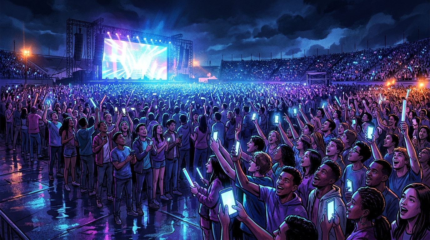 A massive crowd bathed in electric blue and purple light stares toward a glowing screen in a wide nighttime arena, capturing collective anticipation.
