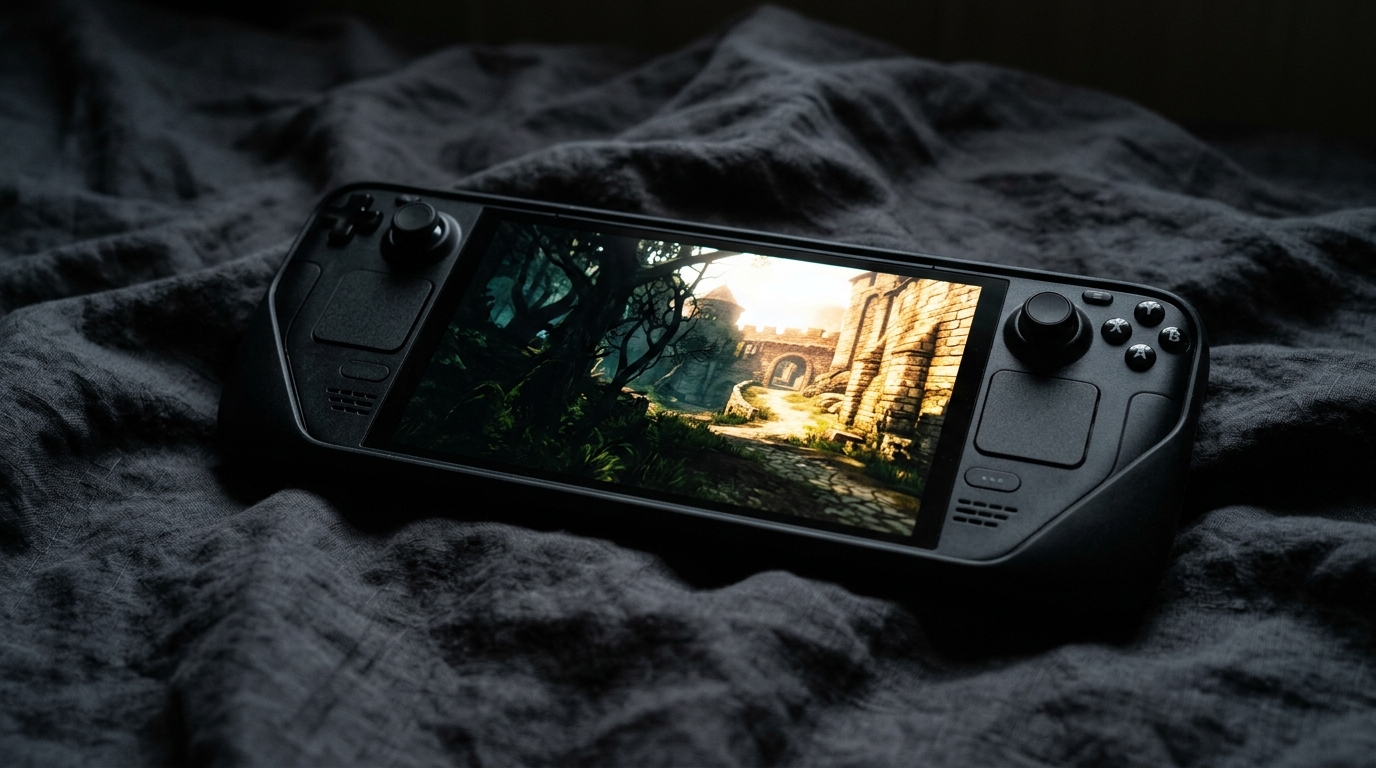Steam Deck OLED resting on dark fabric, its screen displaying a game scene with deep shadows alongside a bright sunlit exterior, demonstrating the panel's contrast range in a quiet ambient setting