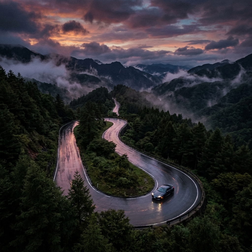 A rain-soaked mountain pass in Japan at dusk, with a sports car navigating a winding road flanked by cedar forests and low clouds, evoking distinct driving conditions tied to terrain and weather.