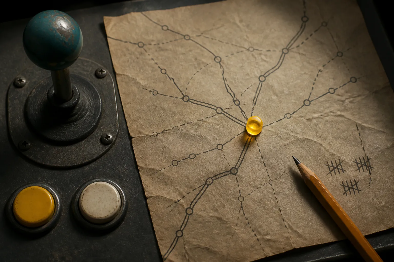 Overhead view of a joystick and buttons beside a paper route map, with a glowing pickup token at a fork in the paths and pencil tally marks, showing a decision point rather than a score.
