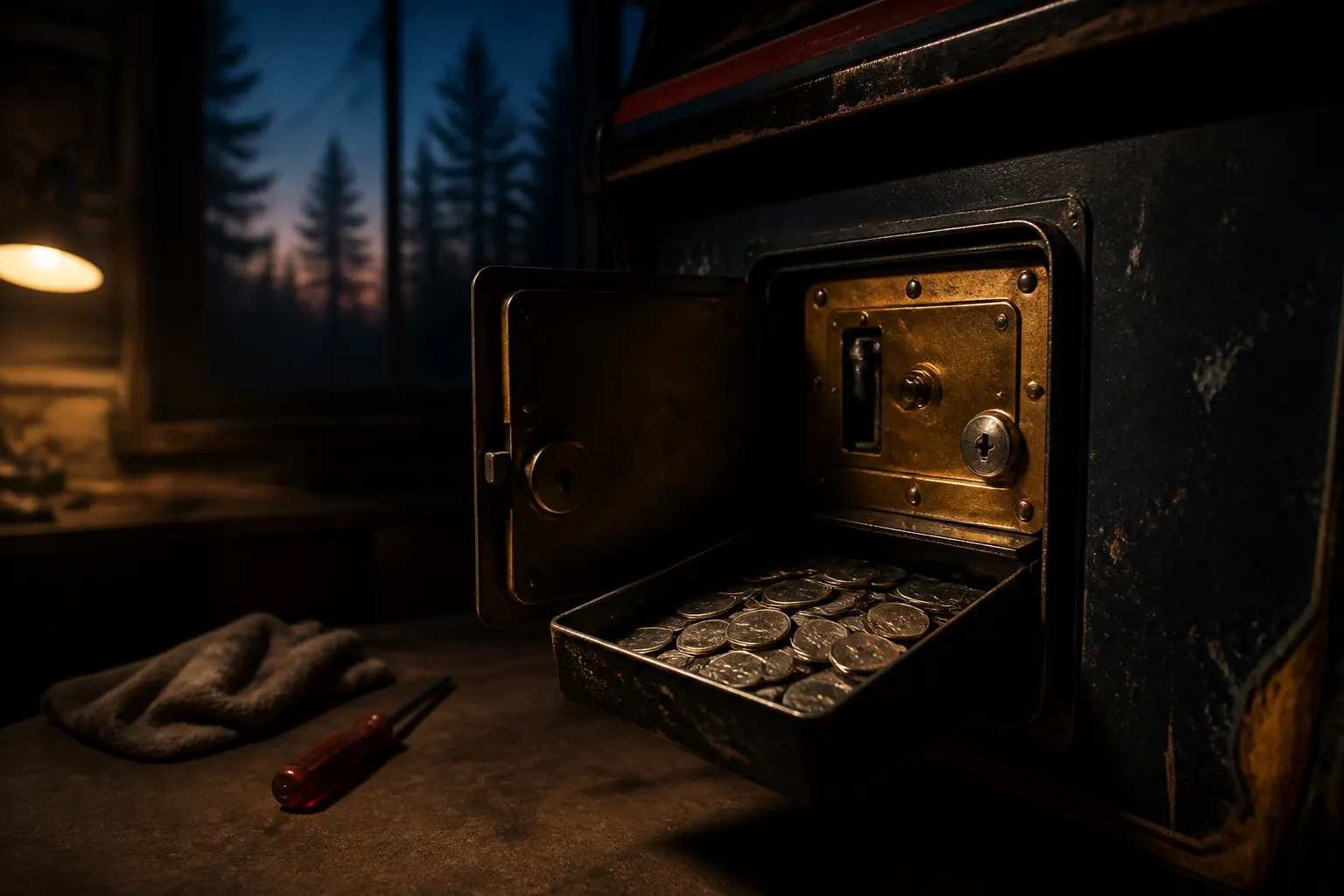An open arcade coin door with a tray of quarters on a dim repair bench, lit by warm light.