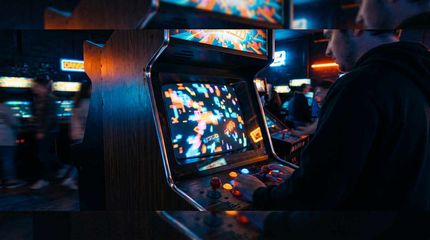 Close-up of a glowing arcade cabinet screen at night, illustrating this week's roundup of new and updated arcade games.