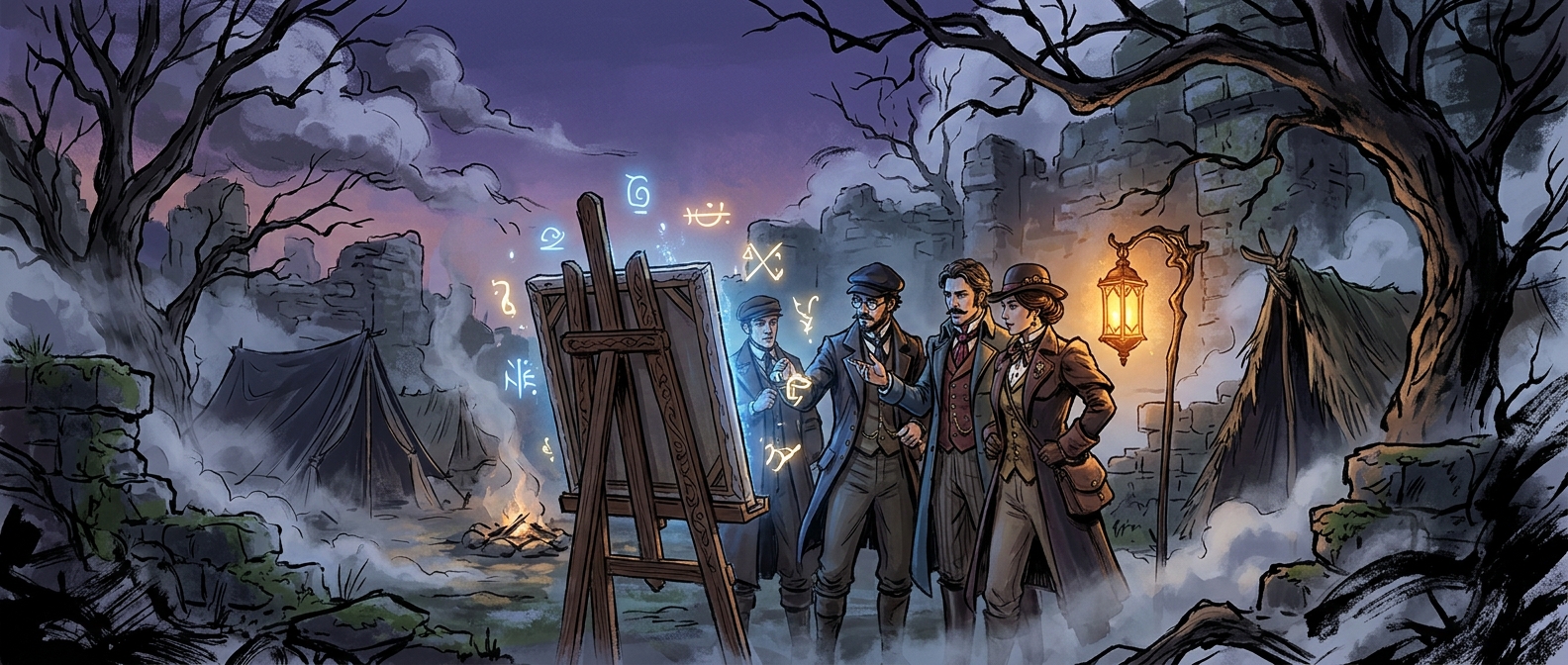 A cinematic wide-angle illustration of four expedition members gathered around a glowing mystical canvas in a twilight ruin, surrounded by floating luminous painted glyphs and arcane symbols, blending Belle Époque style with dark fantasy atmosphere.