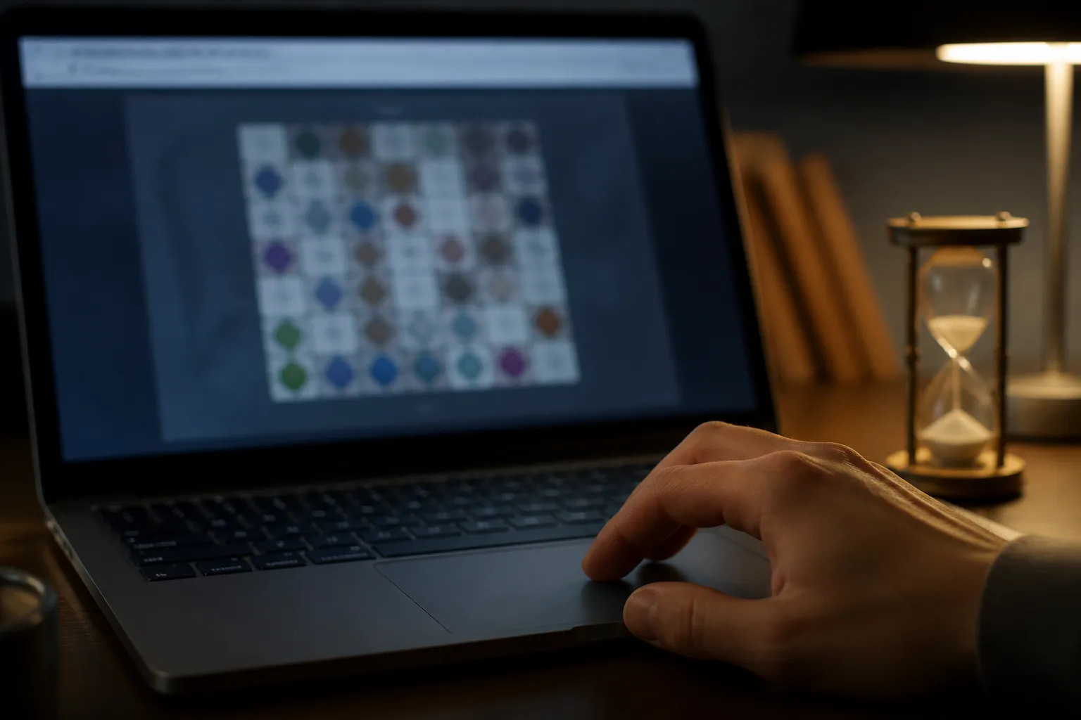 Close-up of a hand on a laptop trackpad beside a blurred game board in a browser, with a glowing hourglass suggesting a timer paused while attention drifts away.