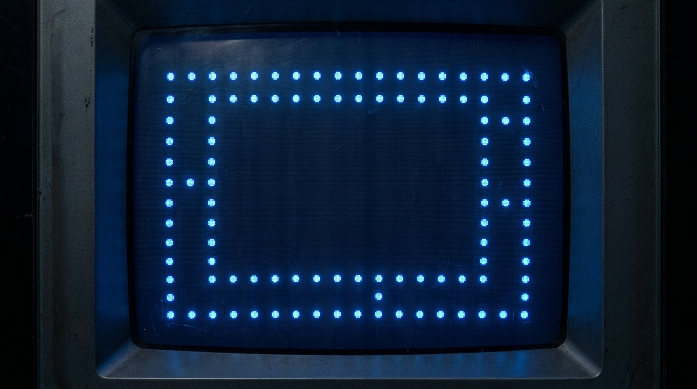 Overhead view of an arcade dot-grid board at mid-stage, showing a sparse rectangular cluster of glowing blue dots on a dark navy field
