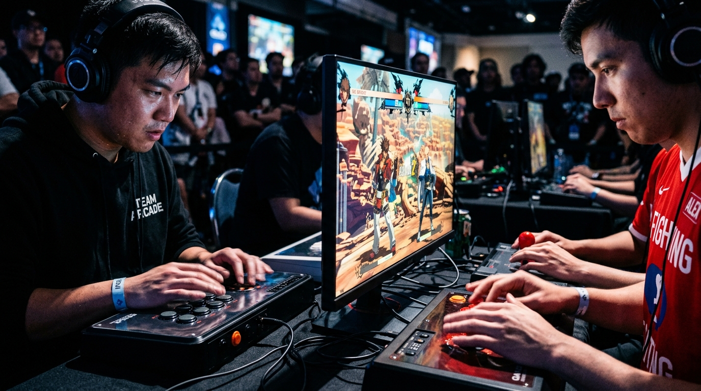 Close-up of two players' hands on arcade sticks mid-match, fingers blurred with motion, monitor glow illuminating the scene in dramatic tournament lighting