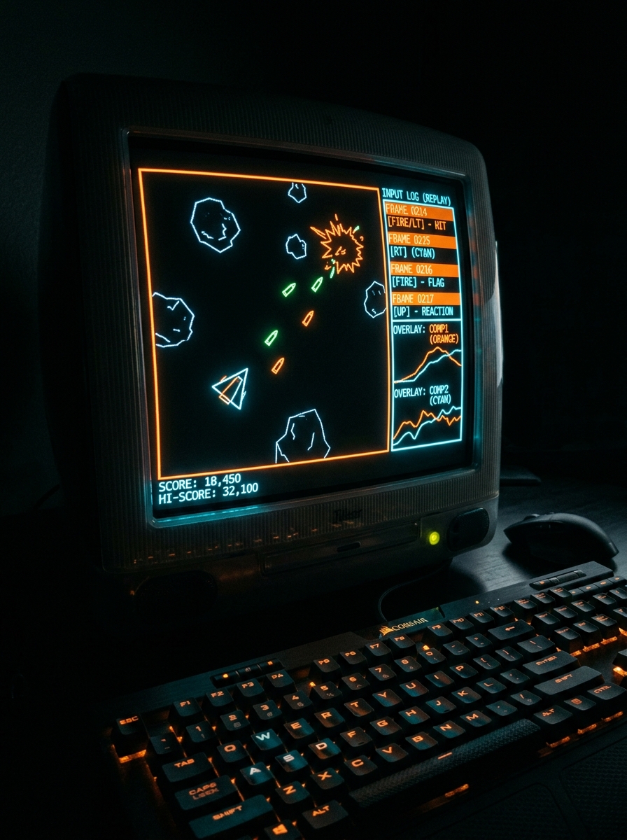 A glowing monitor displaying an open-source input-log verification tool overlaying a vector-style Asteroids game frame, with orange flag markers highlighting a bloom chain sequence, keyboard softly lit in the foreground