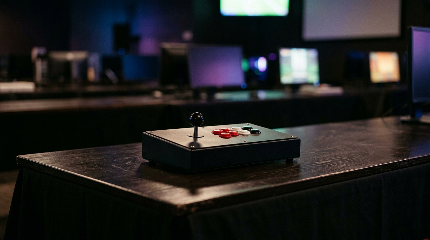 An arcade stick rests quietly on a tournament table, its reflection caught in the surface below, residual monitor glow casting soft color in the empty space around it
