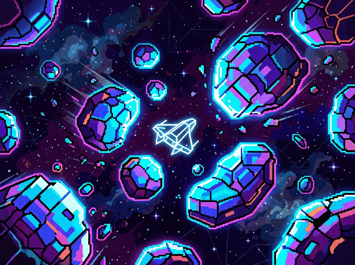 Glowing retro asteroid field with a wireframe spaceship dodging chunky neon asteroids in deep space