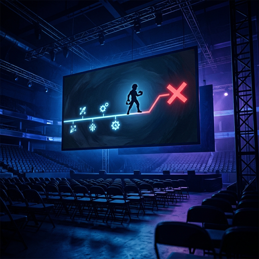 A timeline visualization on a dark arena screen showing a character silhouette fading to a red X marking an abrupt exclusion, contrasted with smaller incremental update markers before it, set against glowing esports venue lighting