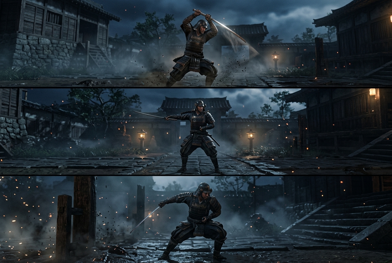 A three-panel composite showing the same samurai in high, mid, and low combat stances, each conveying a different trade-off between power, defense, and mobility against a dark feudal Japanese background.