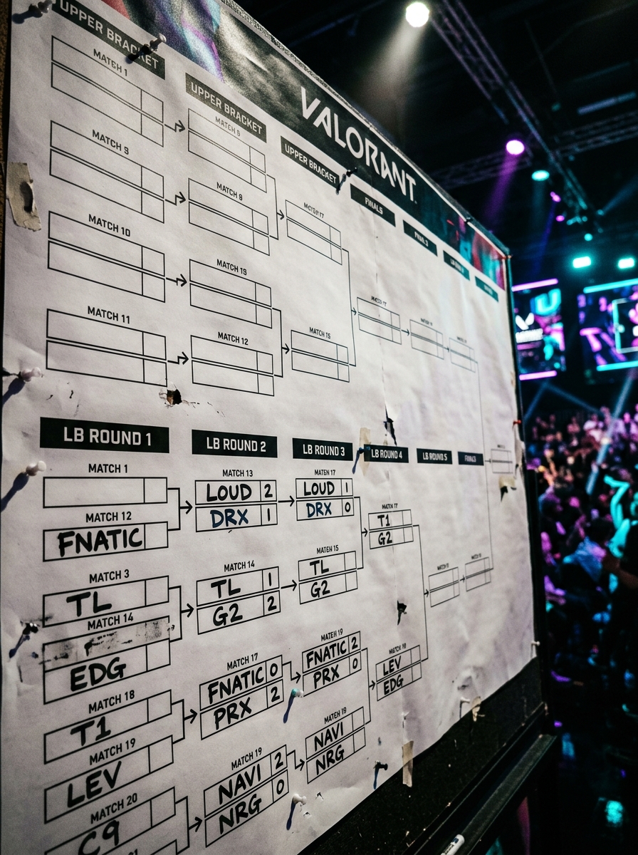 A close-up of a large tournament bracket board mid-competition, with lower-bracket slots filled in under dramatic purple and cyan stage lighting at a VALORANT esports venue.